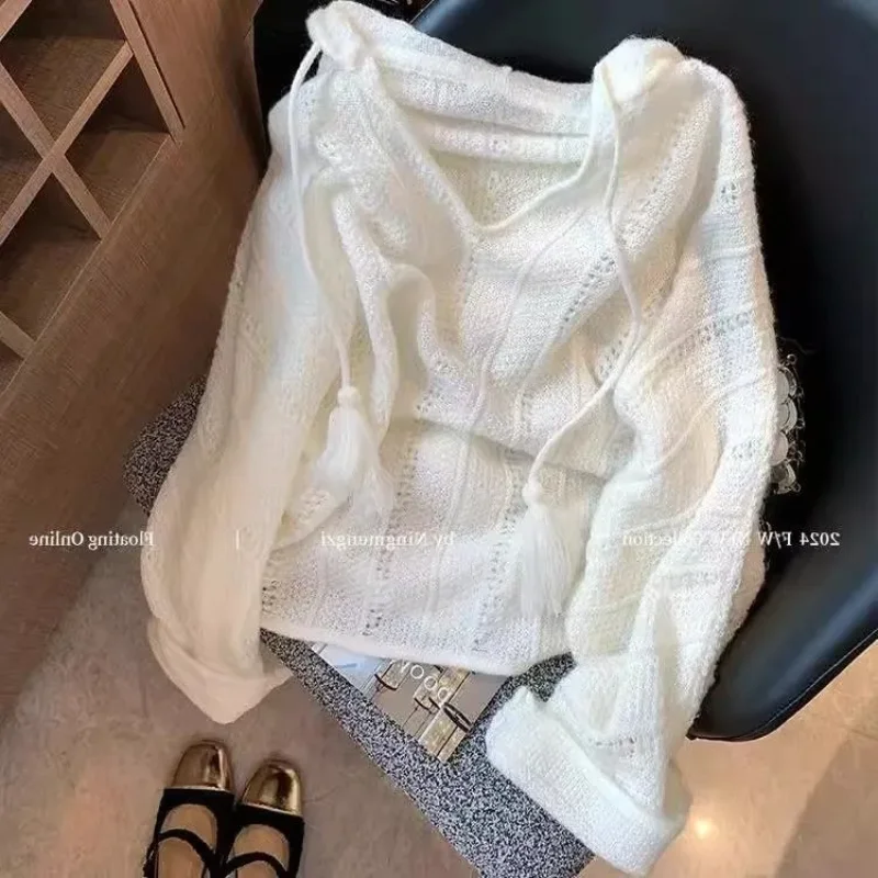 

Вязаный крючком ленивый полый солнцезащитный свитер с капюшоном, новинка 2025, модный топ для похудения