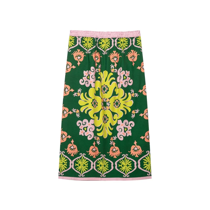 2026 New Arrival Women Bohemian Midi Skirt Retro Floral Print Elastic Waist Bow Decor Mid‑Calf Skirt Casual Holiday Streetwear