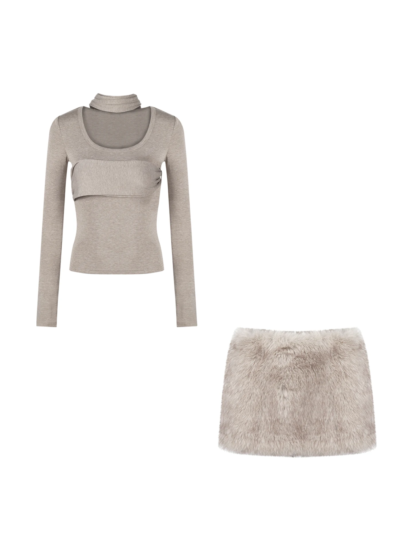 

Модный комплект из двух предметов: футболка с длинным рукавом и юбка с высокой талией, облегающий крой, зимний стиль для повседневной носки.
