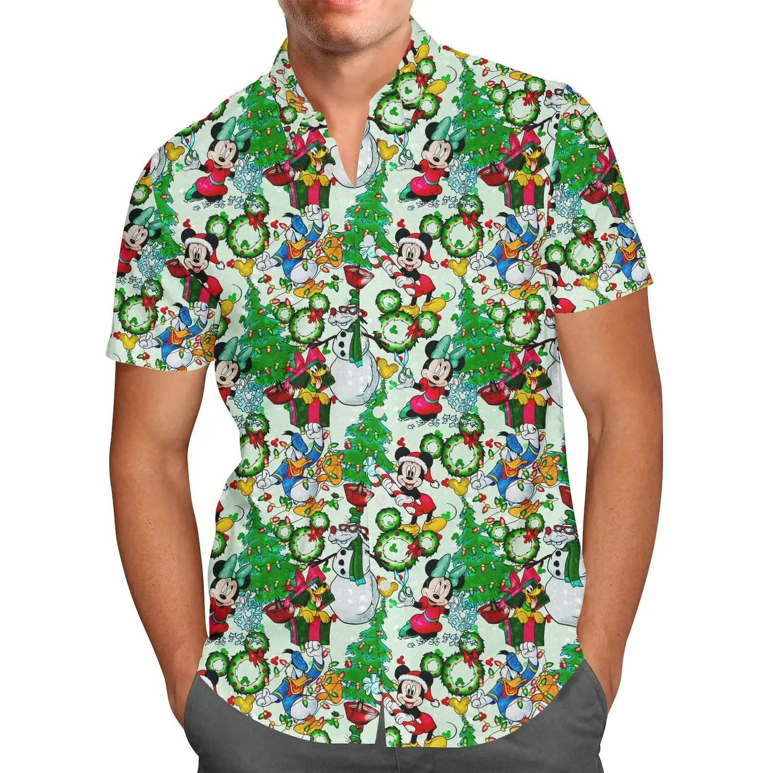 Disney Mickey Mouse and Friends Christmas Hawaiian Shirt Casual Beach Short Sleeve Mickey's Merry Christmas Party Hawaiian T-shi