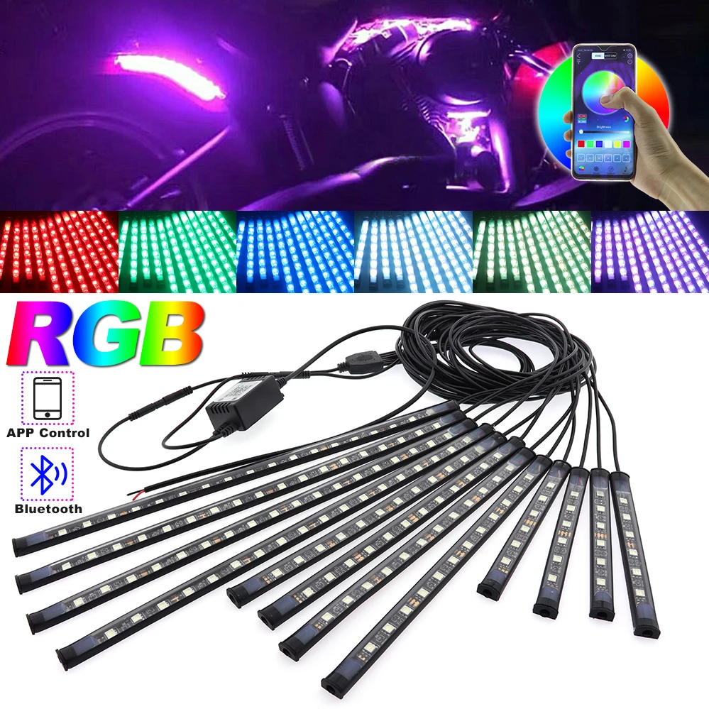 12pcs RGB LED Strips Motorcycle Under Glow Light Neon Decor Lamp Kit APP Control