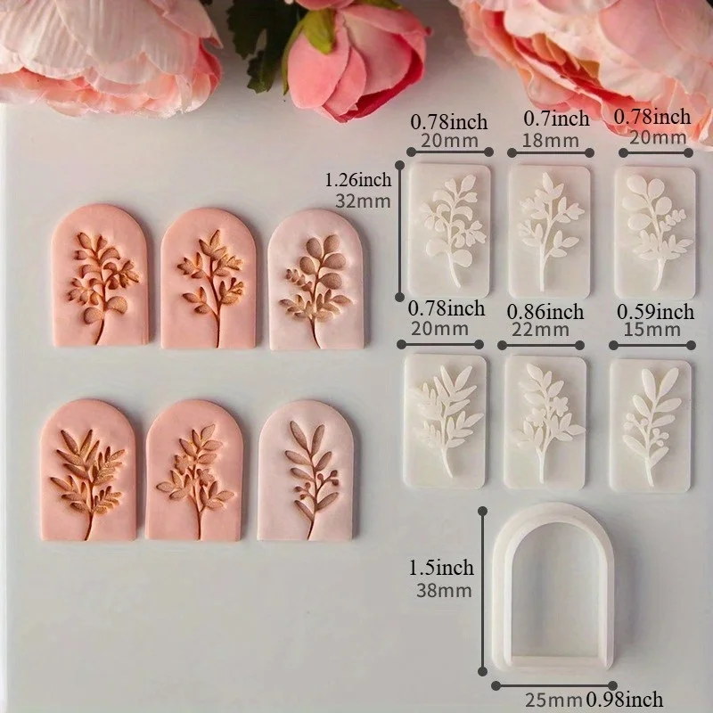 7-teiliges Set mit Ohrringformen aus Ton mit botanischem Blattmuster, frischen Pflanzen- und Rankenblättern, Ton-Ausstechformen und Werkzeugen für die Herstellung von Ohrringen, Anhängern und Schmuck – Detail 9