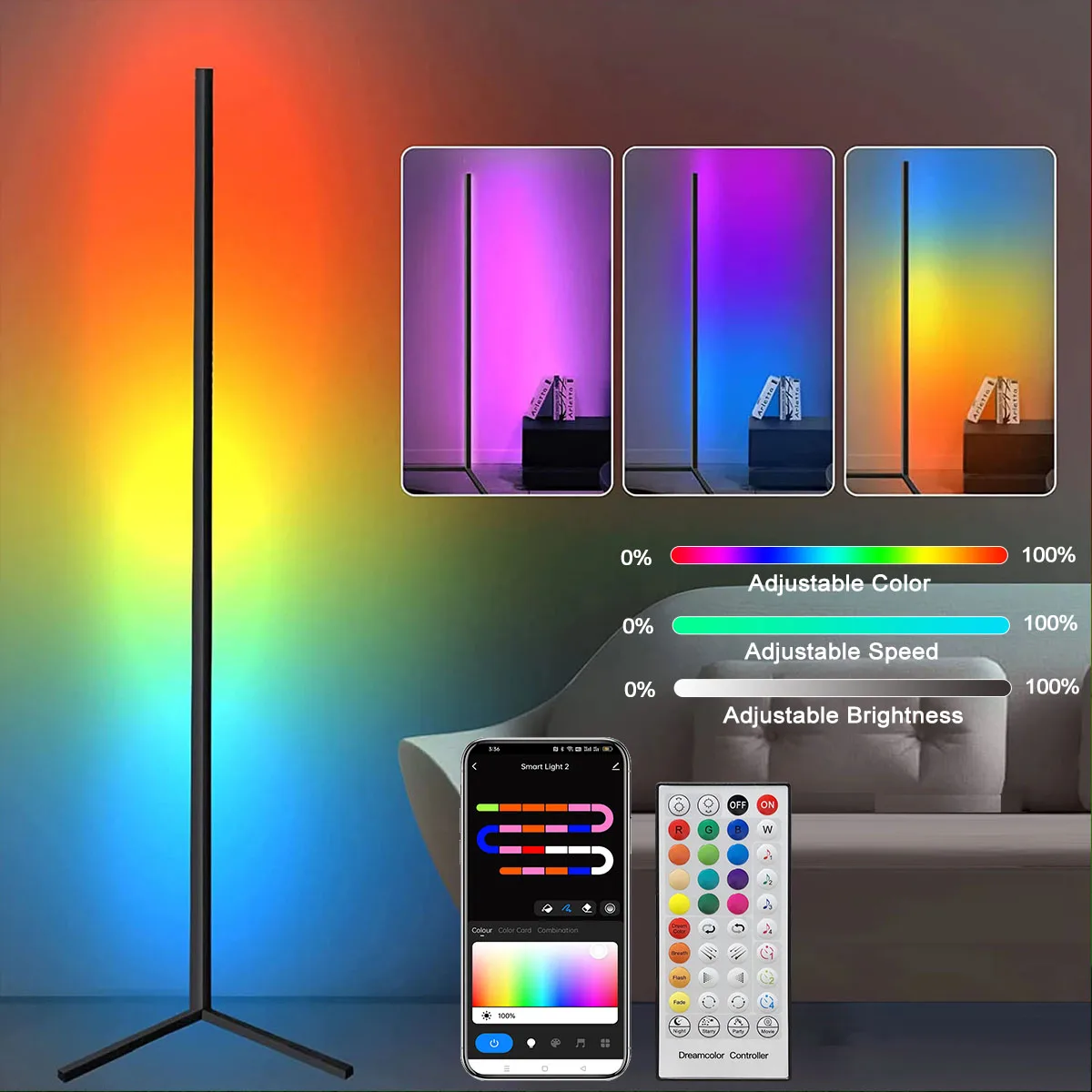 40cm/120cm pionowa inteligentna taśma LED ze zdalnym paskiem możliwość przyciemniania RGB zmiana koloru narożna lampa podłogowa stojące nastrojowe