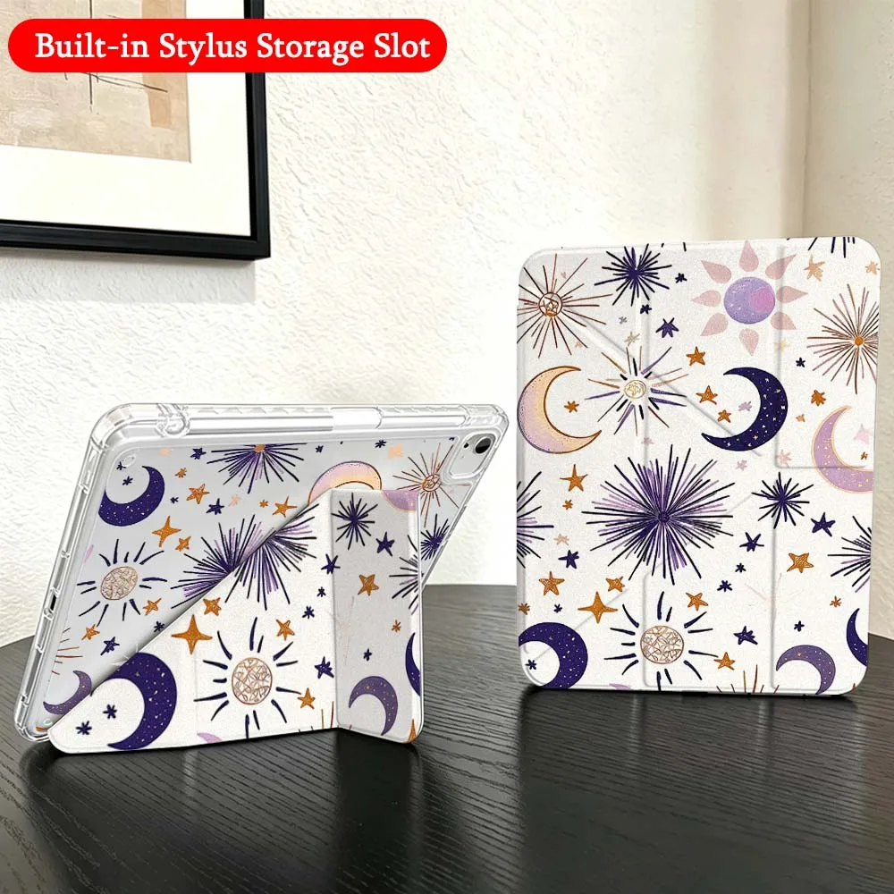 Cartoon Moon Star Pattern For iPad Mini Pro Air 5 6 7 8 9 10th 11th 11 9.7 10.9 13 inch Transparent Y-Shaped Folding Tablet Case