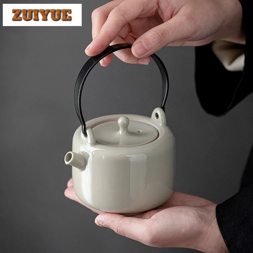 250ml Retro Grass Wood Ash Ceramic Teapot Handmade Hoop Handle Beam Pot Tea Soaking Kettle Drinkware Accessories Collection Gift