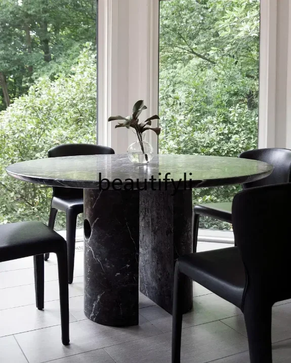 

Marble round table dining table household round light luxury jadeite green round table design