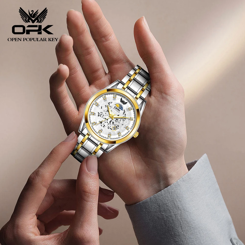 OPK 브랜드 야광 방수 달력 스틸 밴드 남성용 쿼츠 시계 8149