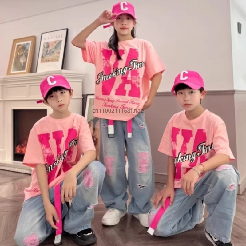 Costume de spectacle de danse de rue hip-hop pour enfants, costume hip-hop rose pour garçons, ensemble de batterie pour enfants, tendance des vêtements pour garçons