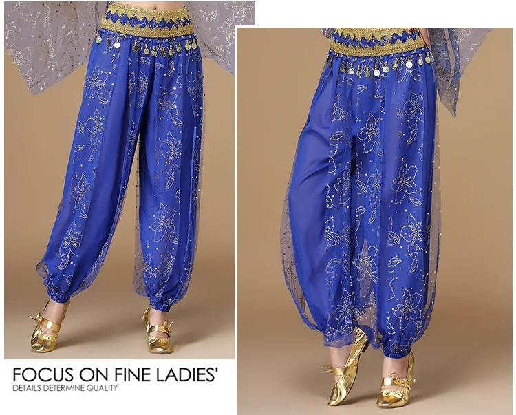 Pantaloni di danza del ventre per performance di danza del ventre Pantaloni di chiffon per le donne Garza di fiori Costume da spettacolo di danza indiana femminile