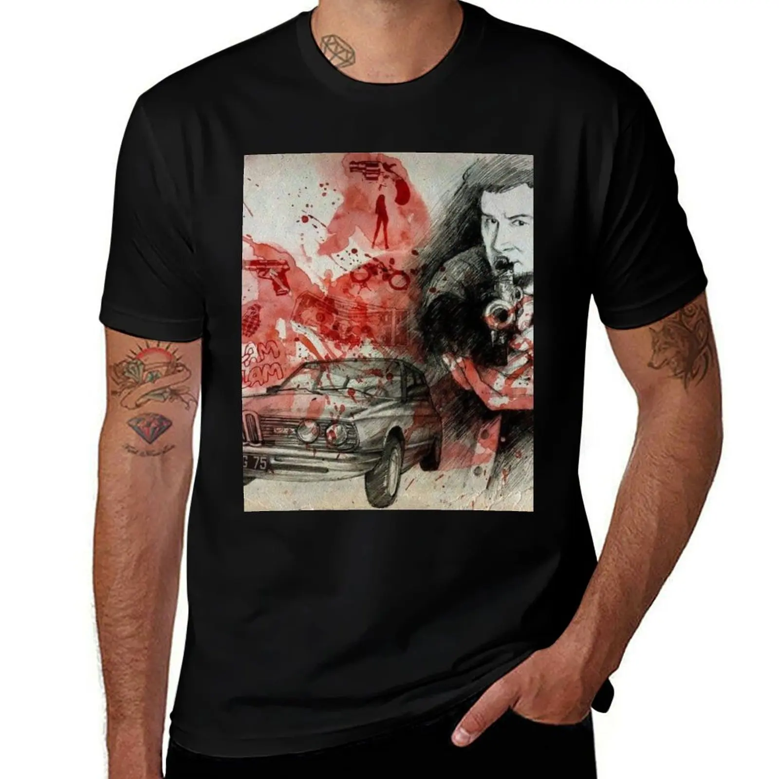 Death instinct Jacques MESRINE, t-shirt, cushions, stickers, wallet, hull, clocks. T-Shirt