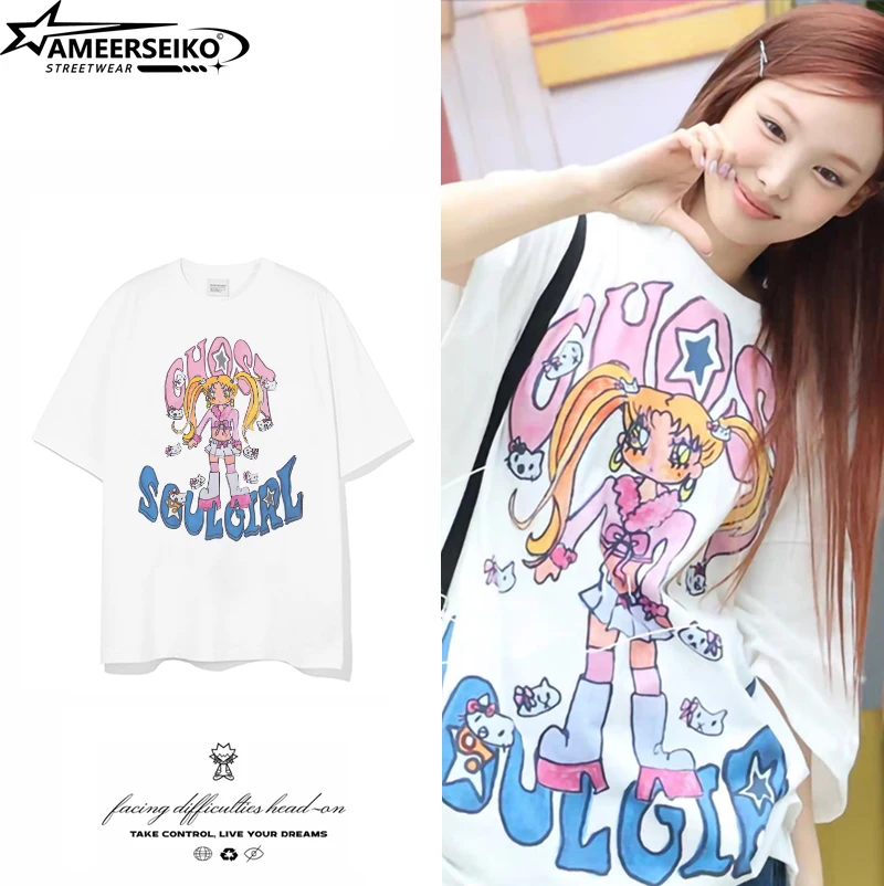 

Park Soo-young Korean version of the same sweet cartoon pretty girls printed short-sleeved T-shirt age-reducing casual blouse