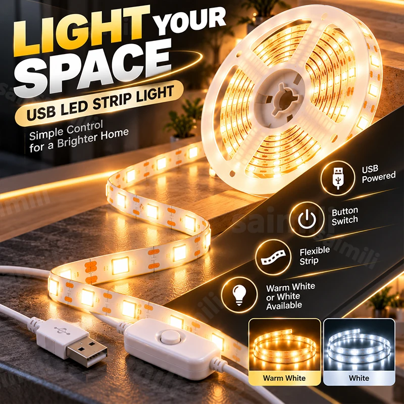2835 LED Strip Lights USB Button Switch One Key On Off Control Low Voltage Safe Touch Flexible LED Tape For Indoor Home Lighting