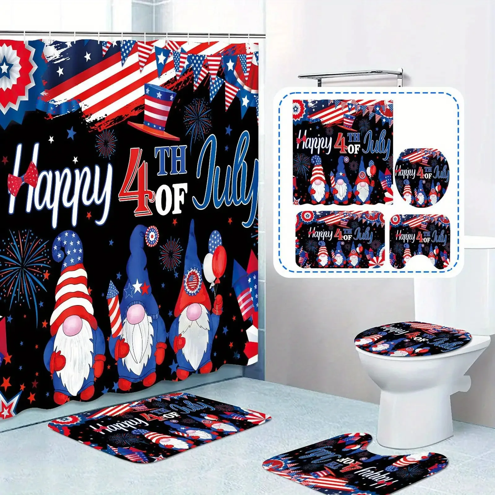 

American Flag and Dwarf Design Shower Curtain Set of 4 Durable Polyester Machine Washable with Hooks for Contemporary Bathroom