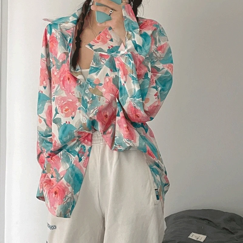 Spring Summer Vintage Long Sleeve Lapel Trend Single-breasted Oil Painting Roses Printed Loose Commute Women's Clothing Shirt