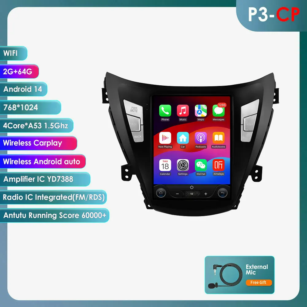 Hizpo 9.7inch Tesla-stijl autoradio voor Hyundai Elantra Avante I35 2011-2013 Android Auto 4G Wireless Carplay DSP Multimedia Player 2Din Stereo Autoradio Navigatie GPS Auto AI Intelligente Systemen