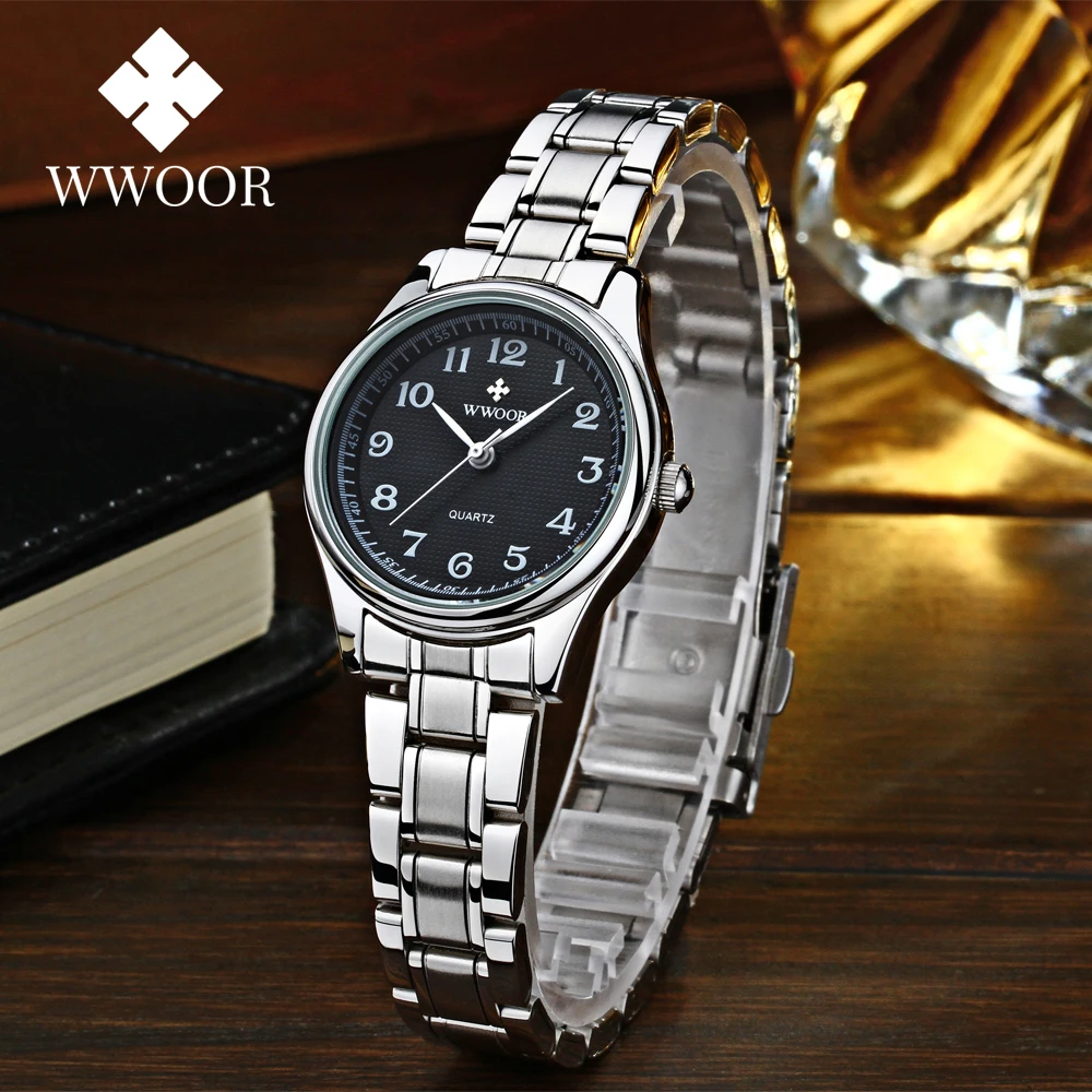 WWOOR-Reloj de pulsera de acero inoxidable para Mujer, accesorio de lujo a la moda, sencillo, resistente al agua