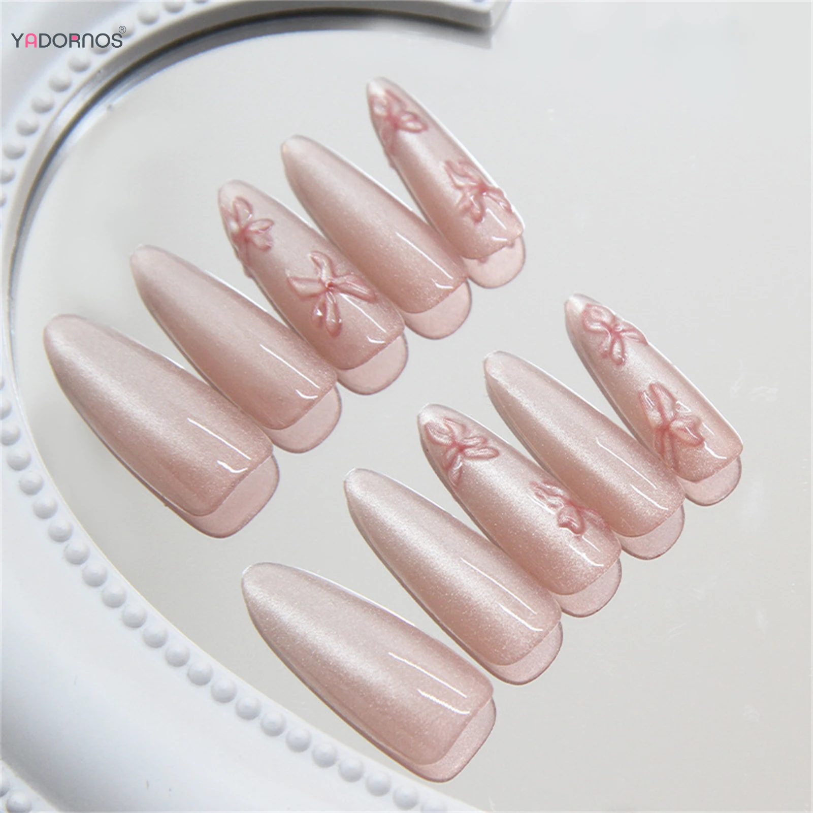 Pink Fake Nails 3D Butterfly Designs Long Almond Press on Nails Sweet Charms Manicure for Women Girls Daily Party False Nails