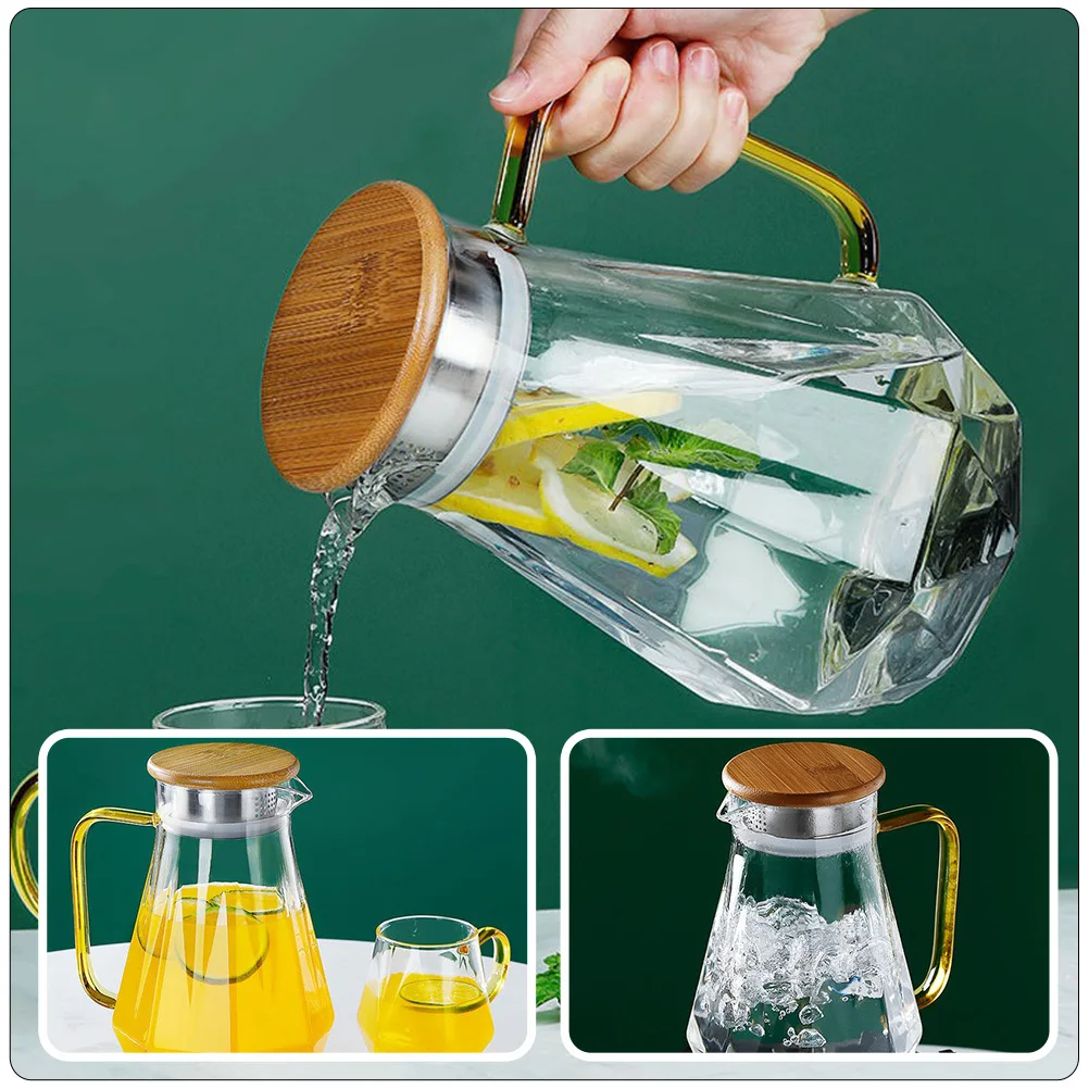 

1Pcs Cold Water Pitcher Glass Jug Diamond Design Bamboo Lid Large Capacity Easy Clean Water Kettle for Tea Juice Sangria