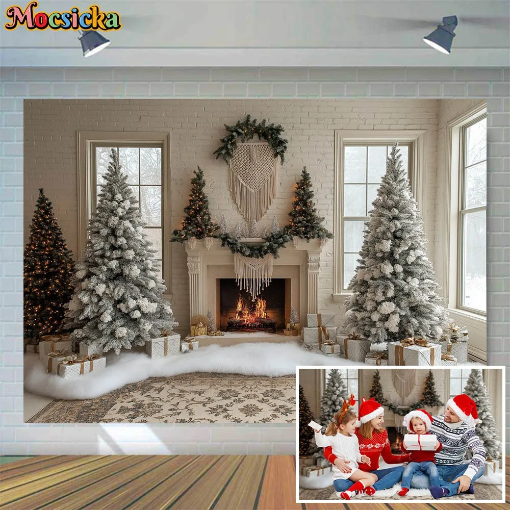 

Mocsicka Christmas Photography Background White Wall Fireplace Xmas Tree Winter Indoor Family Portrait Photo Backdrops Photocall