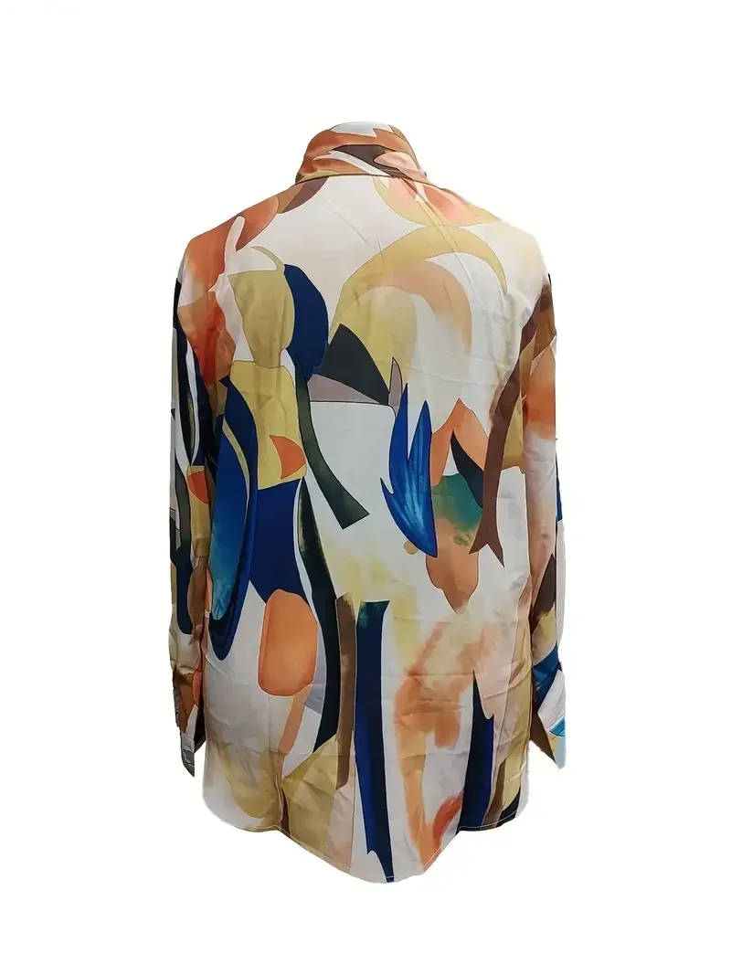 Plus Size 1XL-5XL Women Elegant Geometric Print Shirt  Ladies Casual Long Sleeves Summer V-Neck Blouse Shirt Tops