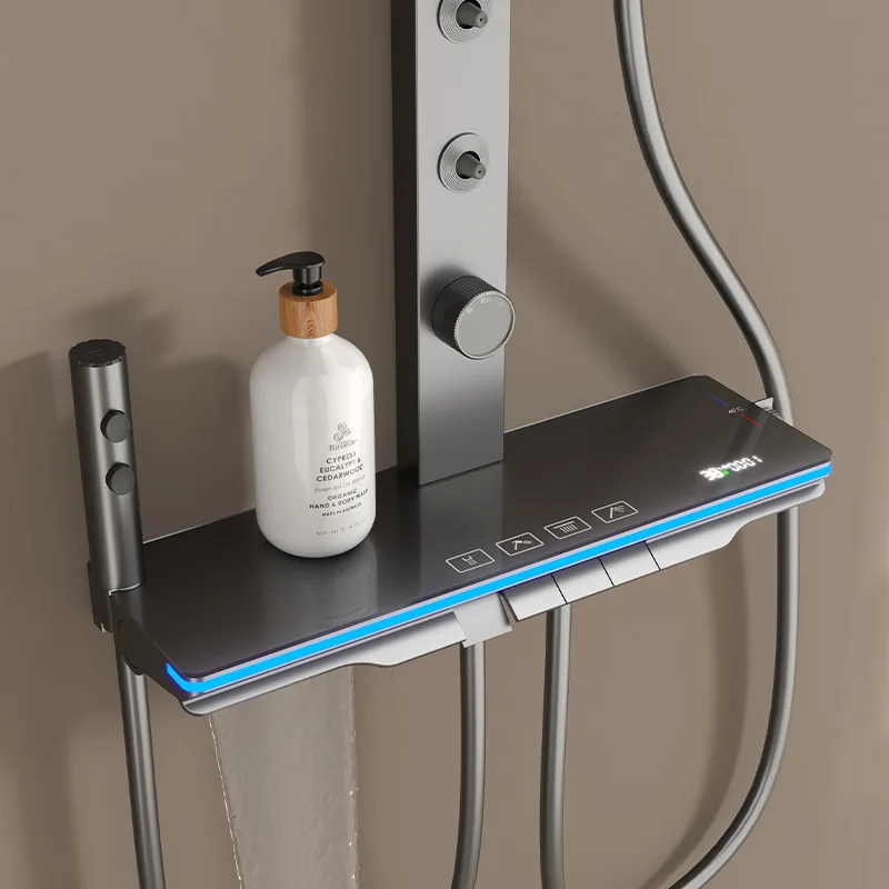 

Shower Kit with Ambient Lighting,Storage Shelf, 5-Mode Showering Experience,Thermostatic Mixer,Gunmetal Shower Head Home Shower