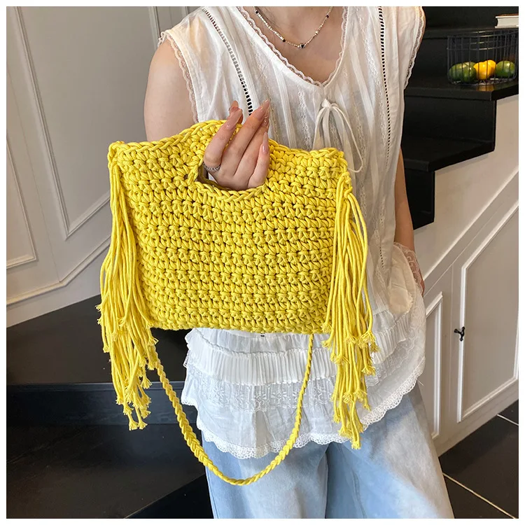 2025 Summer New Hand-weave Handbags For Women Fashion Beige Khaki Yellow Tassell Tote Shoulder Bags Crossbody Ladies Beach Bag