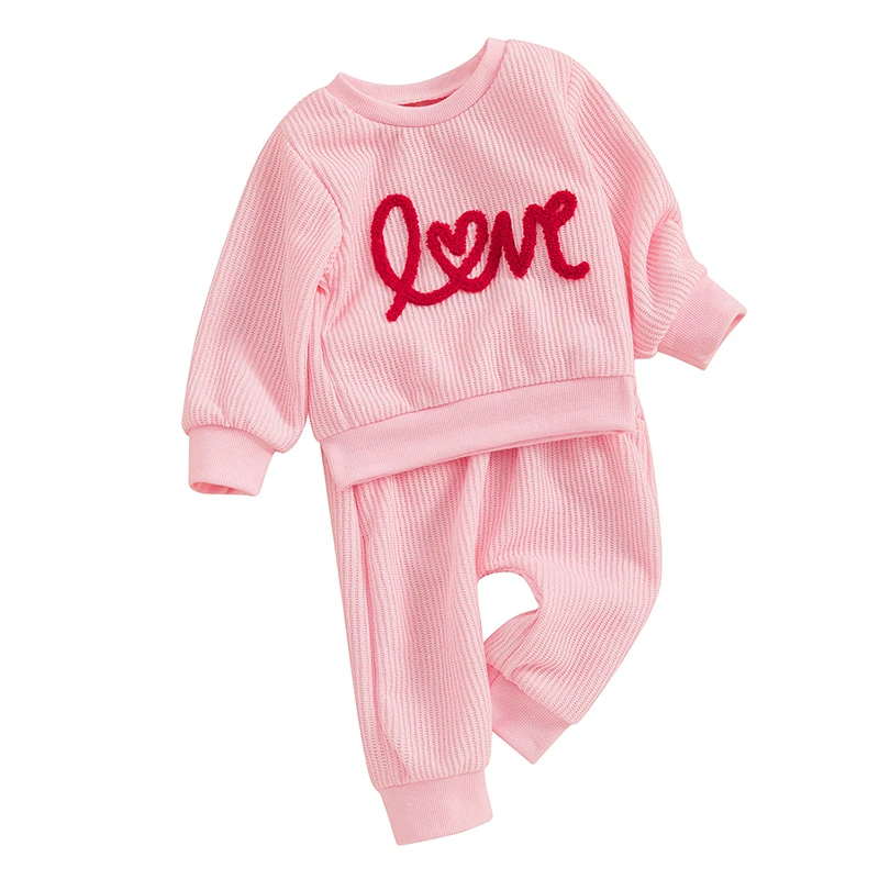 Adorable Toddler Girl 2-Piece Valentine’s Day Set with Long Sleeve Embroidered Sweatshirt and Pants - Cute Baby Clothes for