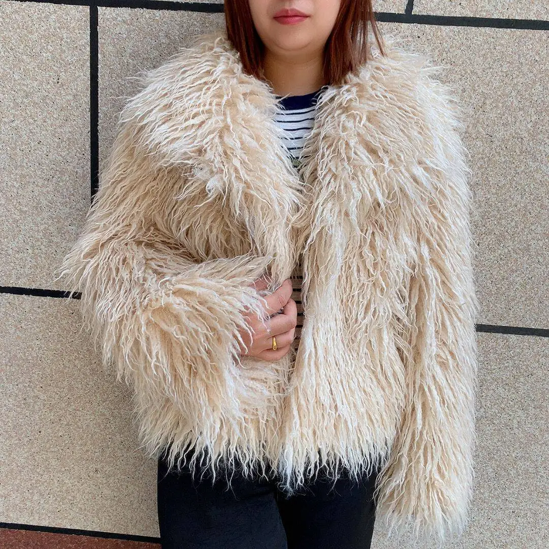 Women's Mongolian fur coat Faux fur coat fashionable fluffy winter warm long sleeved Imitation Mongolian fur collar coat