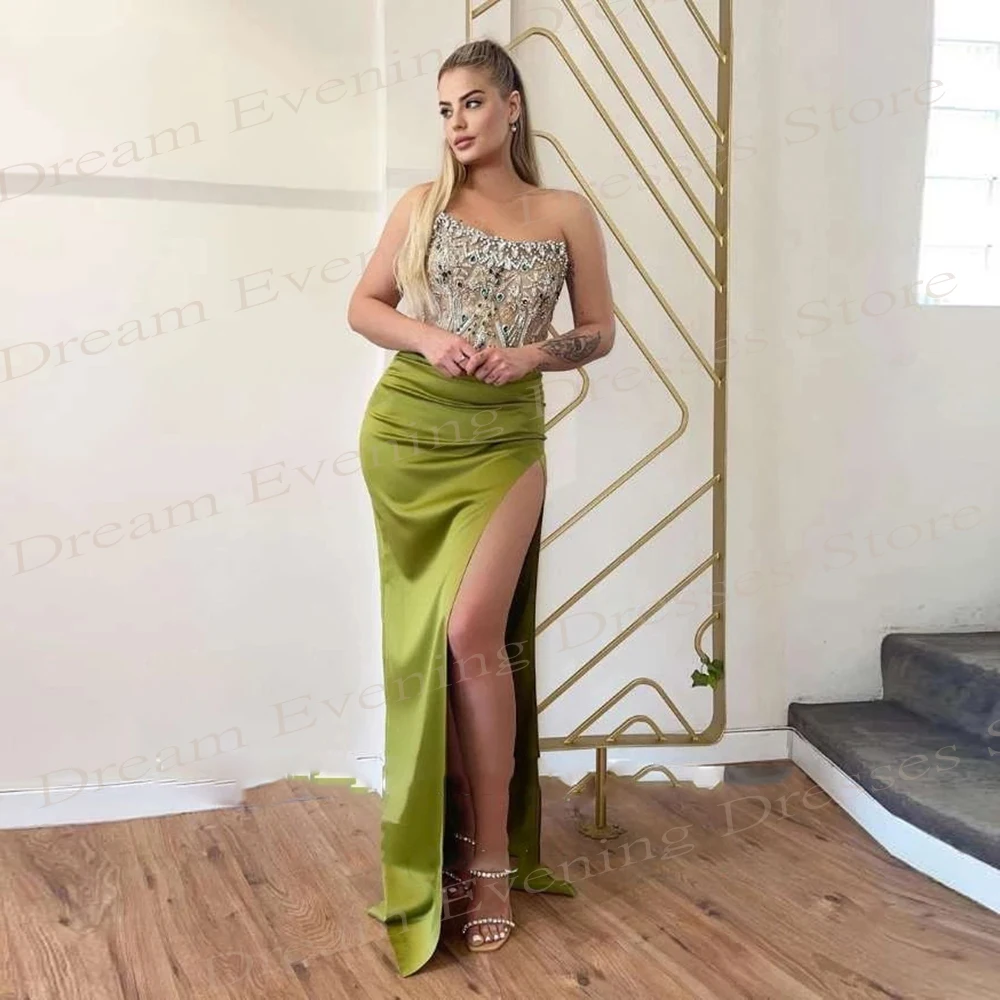 2024 Arabic Green Women's Mermaid Generous Evening Dresses Sexy Strapless Sleeveless Prom Gowns Side Split Beaded Robe De Soiree