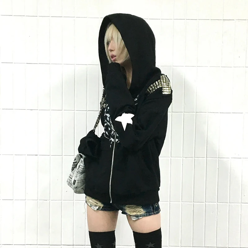 Karrcat الجرونج جماليات الوشم طباعة سترة Trashy 2000s نمط مقنعين ملابس خارجية اليابانية Y2k برشام معطف القوطية الأمريكية الرجعية