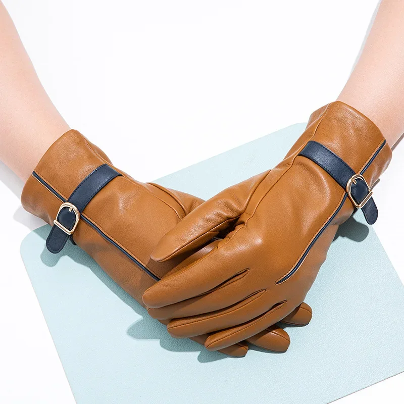 

S-2XL 5 Colors Women Fashion Real Leather Driving Cycling Winter Warm Velvet Lining Thick Sheepskin Bow Gloves