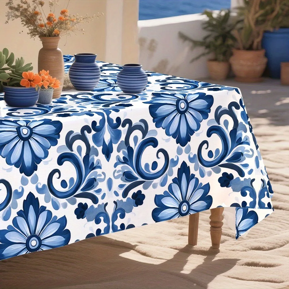 One piece of Mediterranean-style romantic floral tablecloth, with white decoration and blue-white floral pattern.