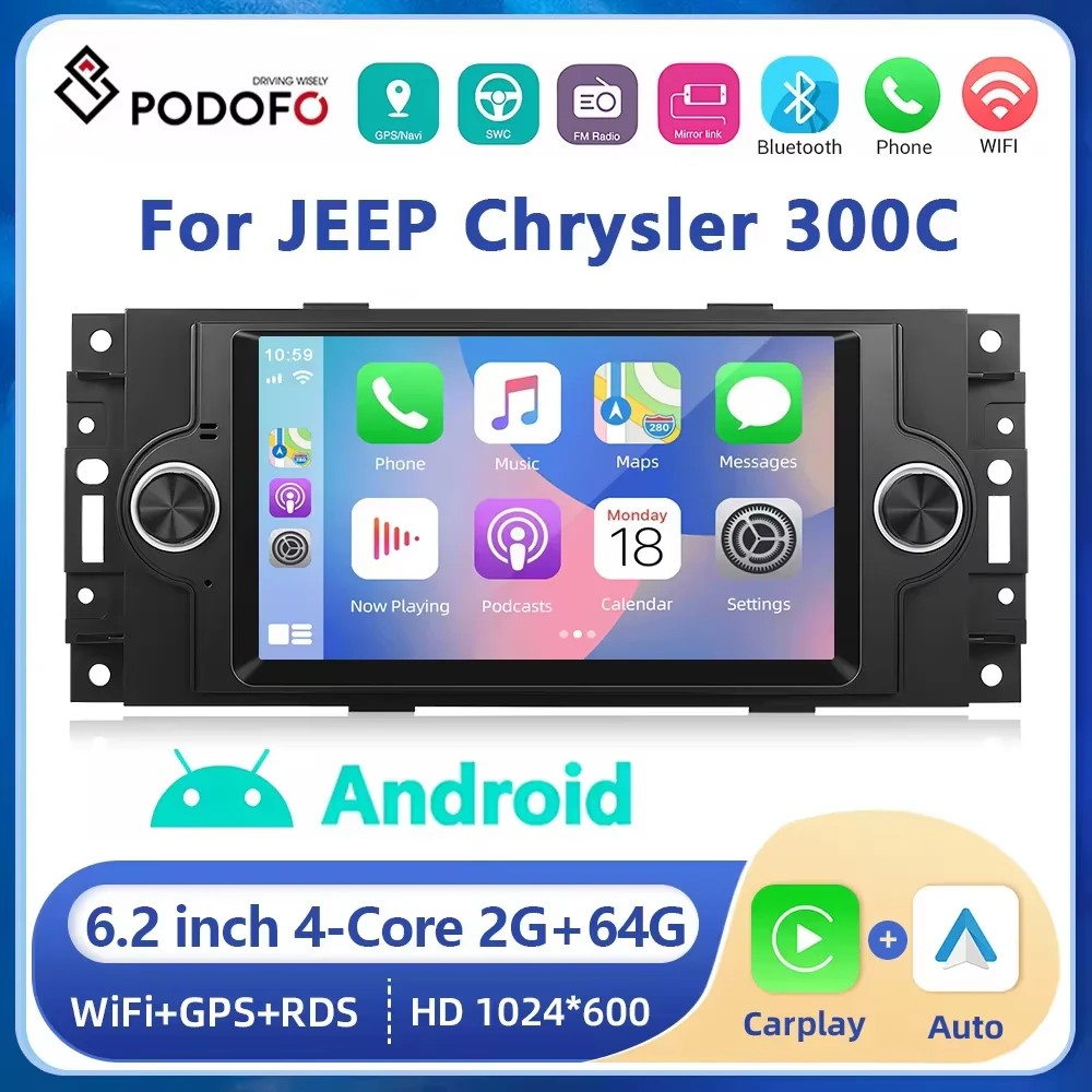 

Podofo Car Android Radio 7inch For Jeep Cherokee Dodge Chrysler 300C Carplay Android auto Radio Bluetooth Navigation WIFI RDS