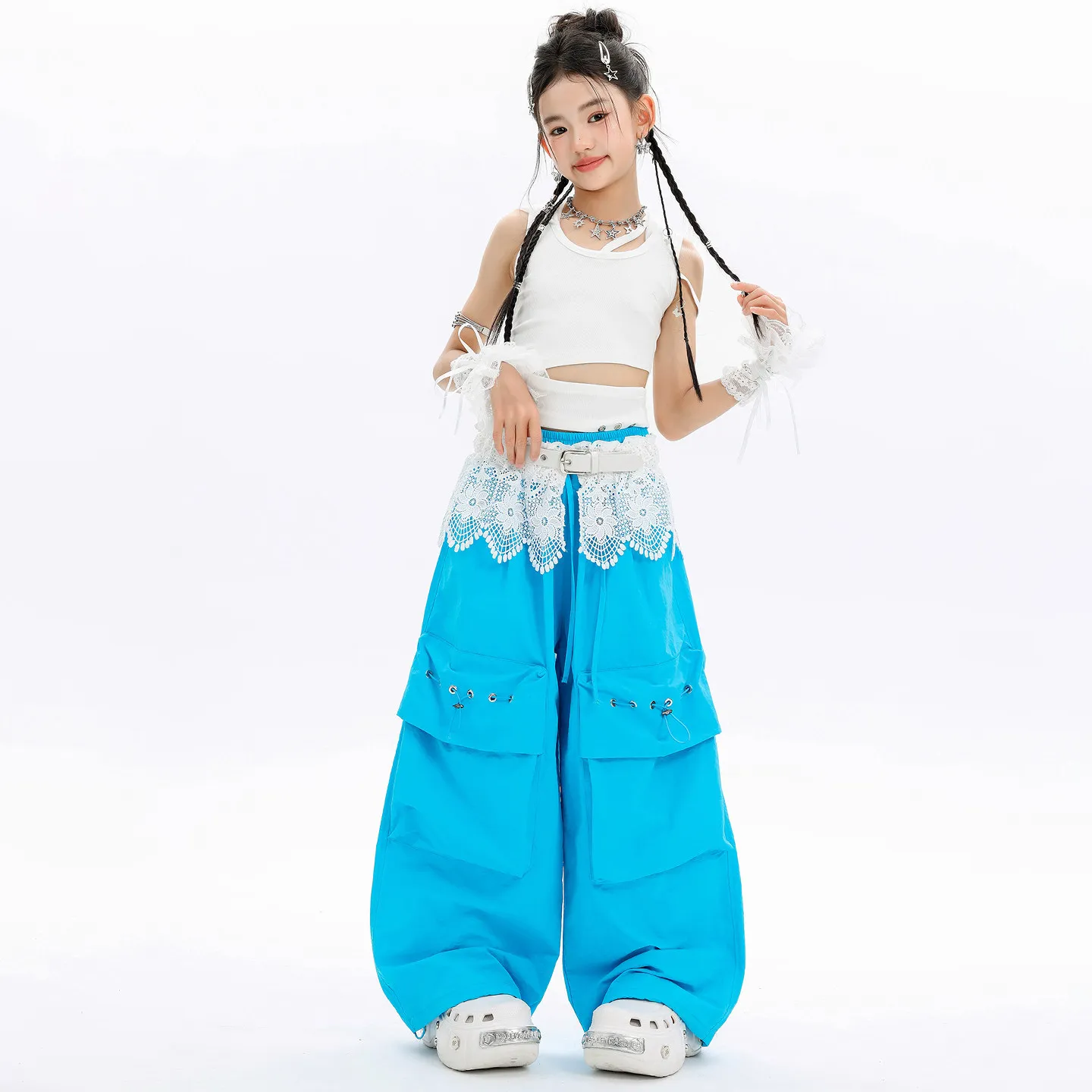 Girl Kpop Hip Hop Clothing White Cut out Hoodie Tank Blue Casual Wide Cargo Pants Lace Belt for Kid Street Dance Costume Clothes