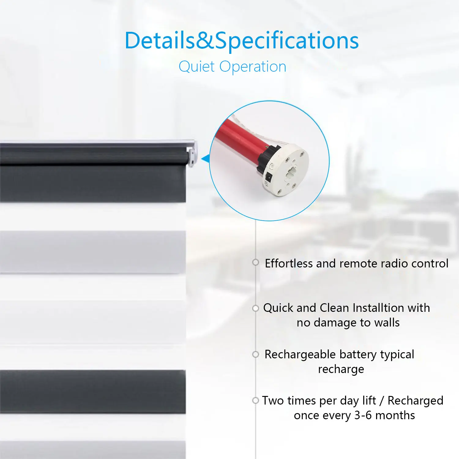 ERB16-Battery Roller Blind Motor Kit with Remote Control for 28mm Shades Tube, Plug Adapter DIY Solar Powered Smart Blinds