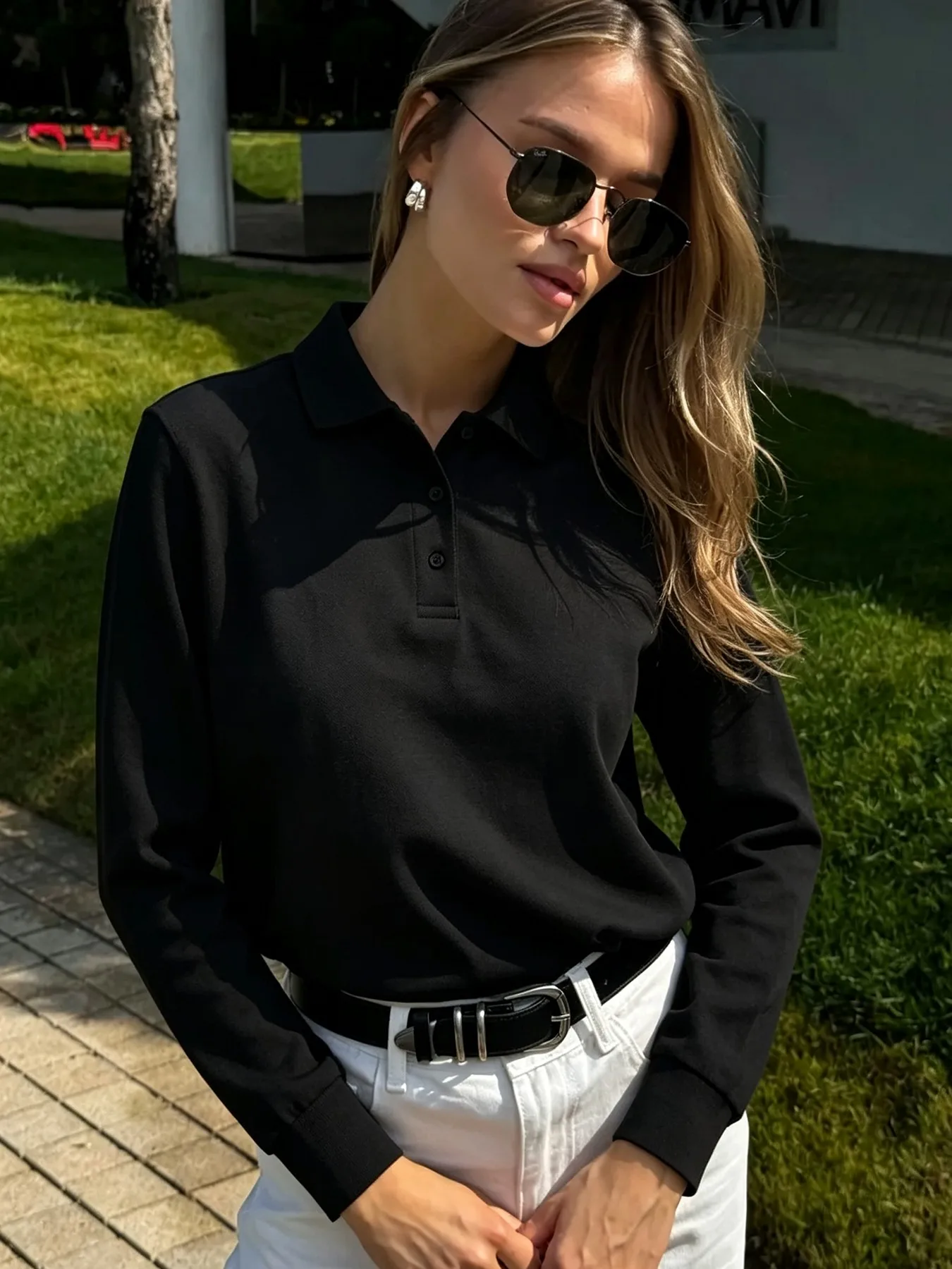 Women's Autumn Solid Polo Shirts Comfortable Business Tee Colour Button T-Shirt Commute Company Tops Street Button Workwear