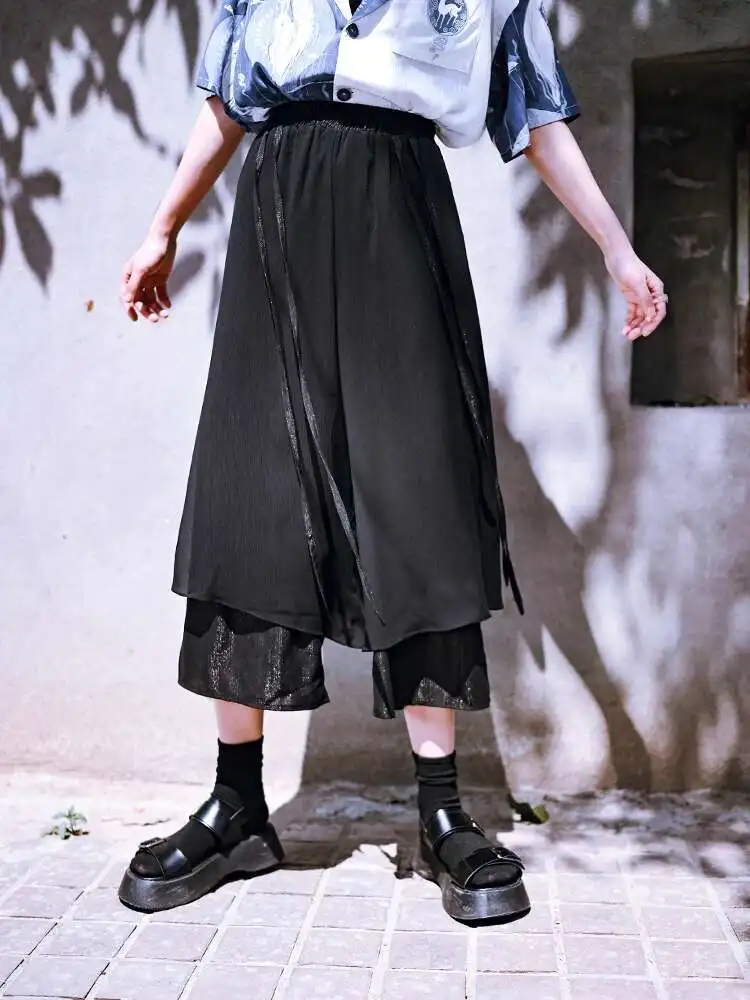 Nuovo stile cinese stile nazionale Elementi Han Pantaloni neri a gamba larga da nove pollici Pantaloni estivi con sensazione di freschezza Pantalon Chinois in chiffon