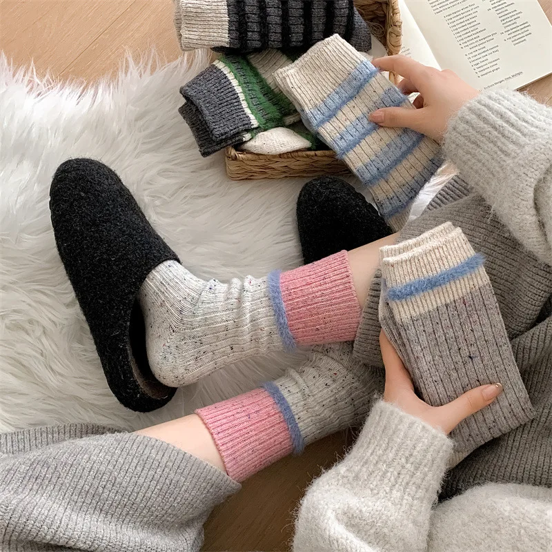 Autumn Winter Thick Warm Cute Socks Cotton Korean Wool Stripe Designer Socks Middle Tube Kawaii Casual  Harajuku Women Socks