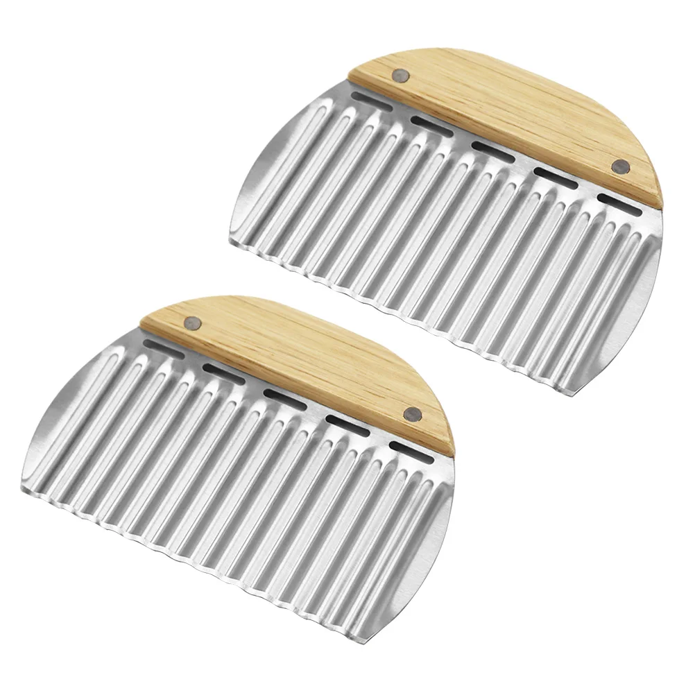 

2 pcs Stainless Steel Potato Slicer Cutter With Wooden Handle Compact Crinkle Cutter For Onion Vegetable Wave Cutting Kitchen