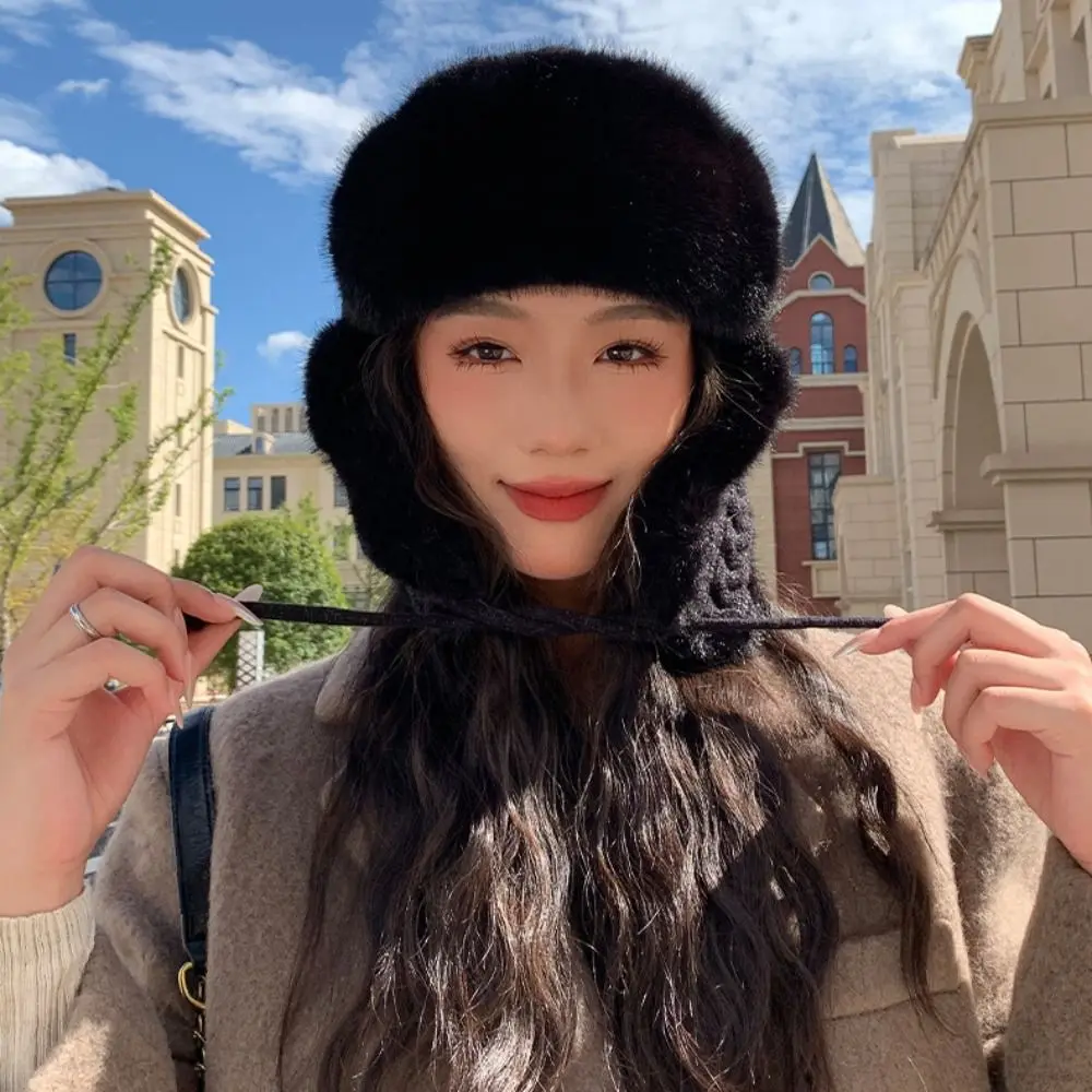 

Fashion Warmth Extended Ear Protection Hat Knitted Thickened Plush Hood Cap Cold Hat For Women