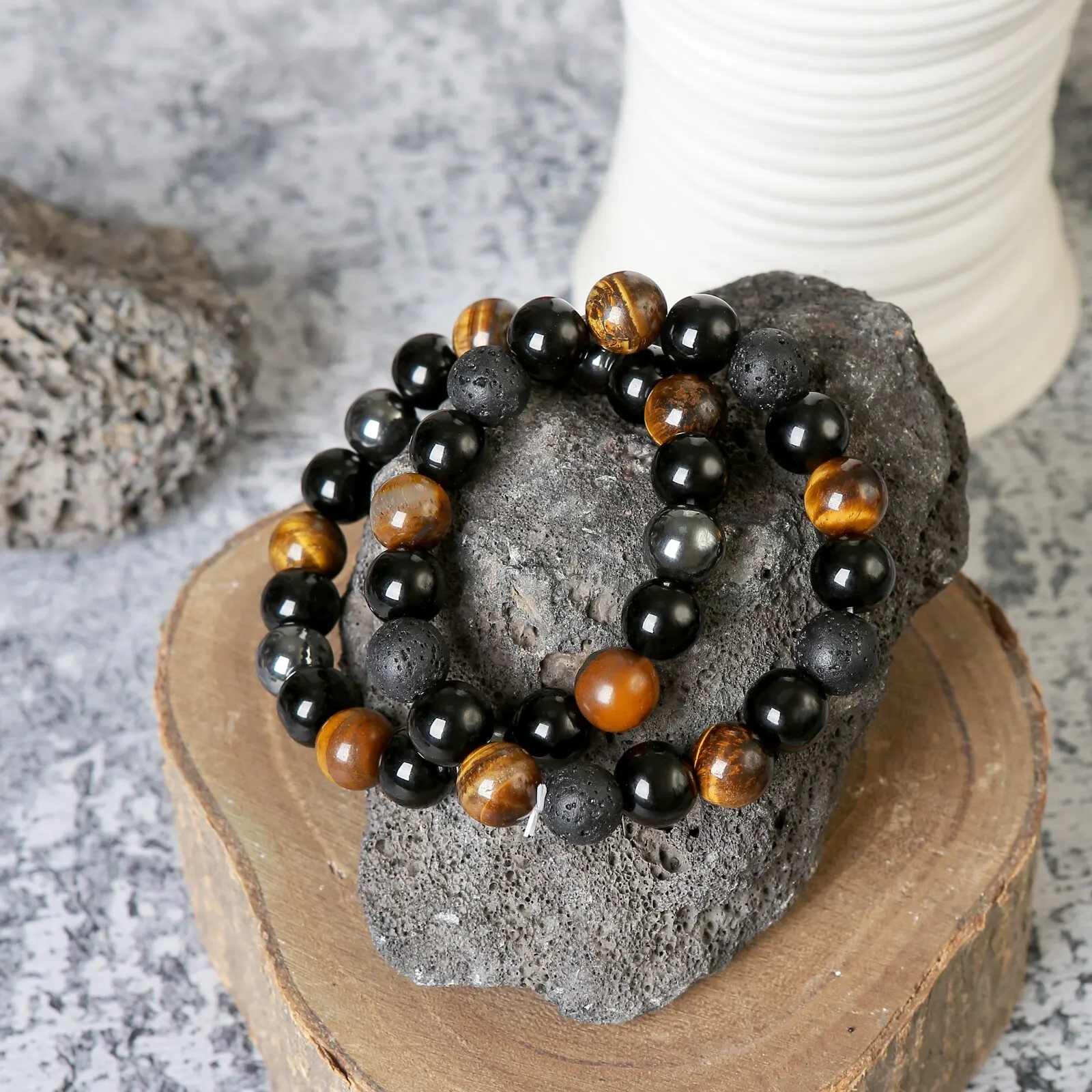 2PCS/Set Triple Protection Bracelet- Tiger's Eye, Black Obsidian, Hematite for Protection, and Balance-Healing Energy Bracelet image 2