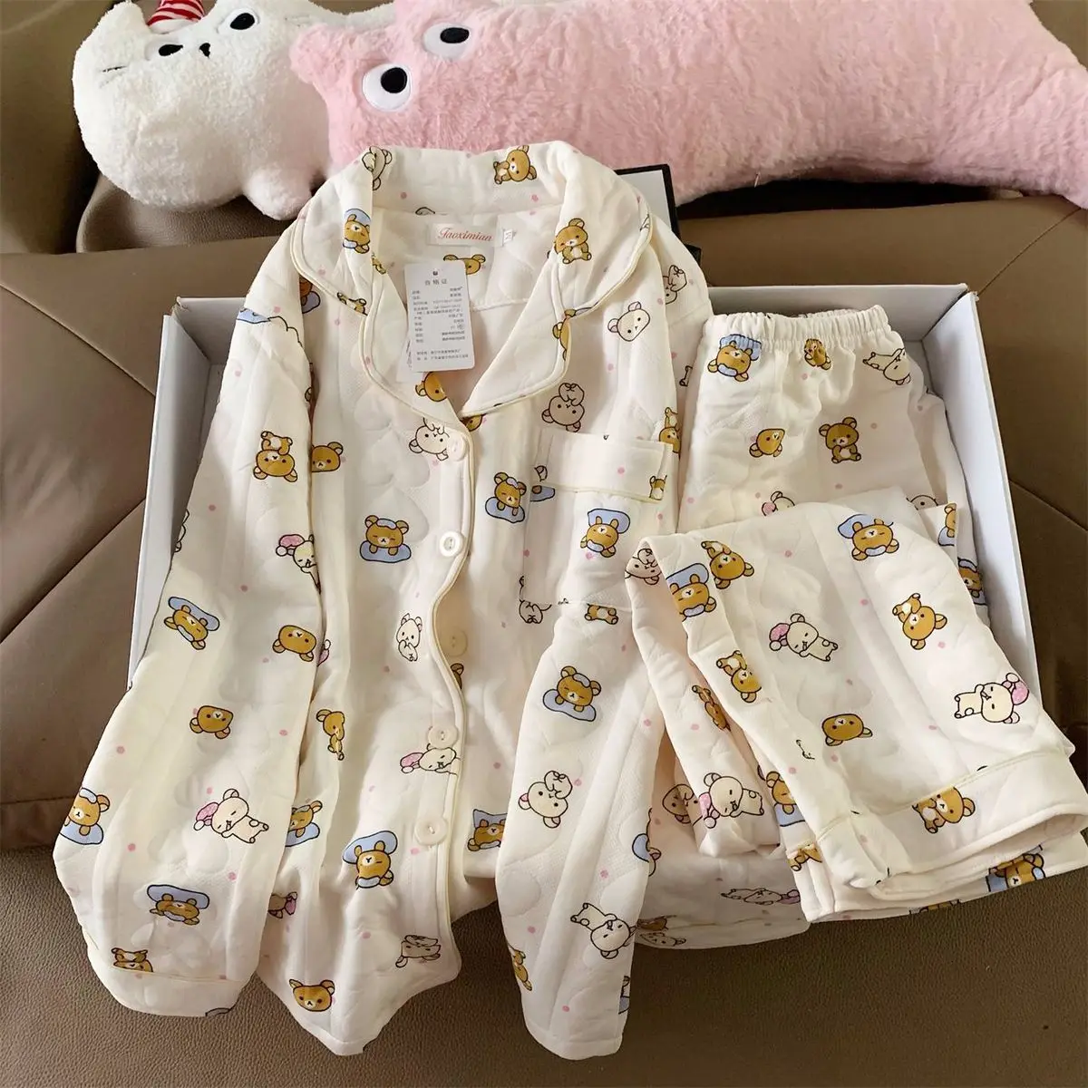 

Kawaii Rilakkuma Autumn Winter Cotton Sleepwear Women's Long Sleeved Pants Cartoon Cute Student Home Clothes Girl's Gifts Toys