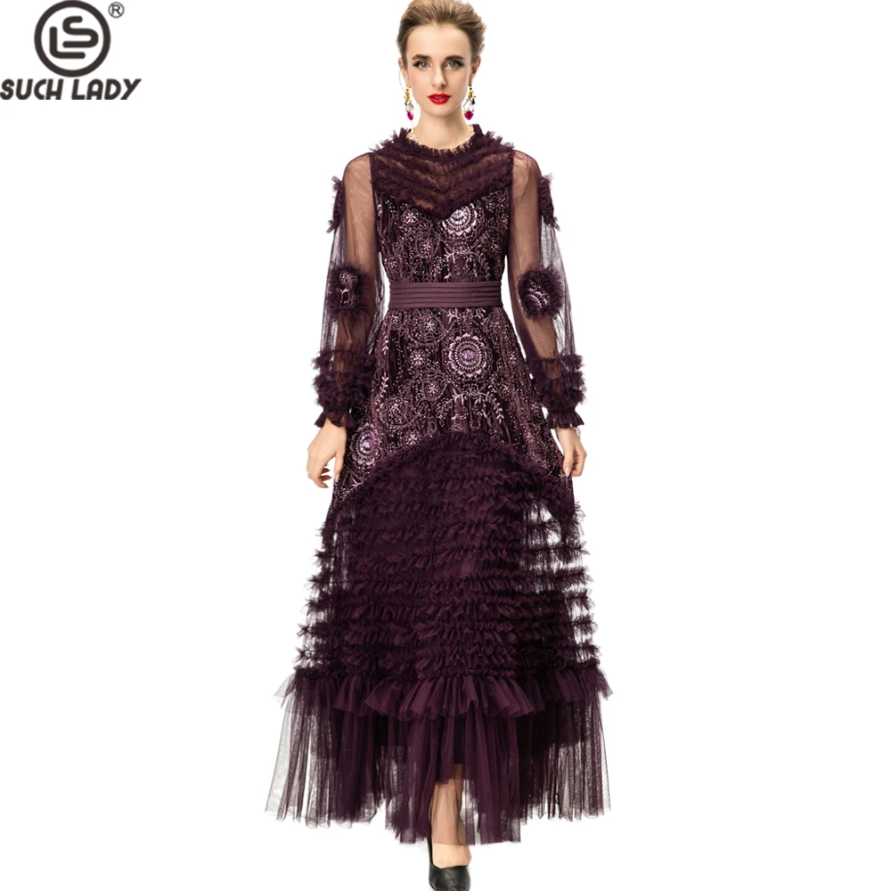 Vestido bordado de tule de veludo ameixa com miçangas lantejoulas gola alta mangas compridas plissado guarnição saia em camadas vestido de cintura