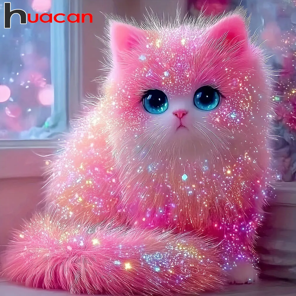 

Huacan Full Square Round Drill Diamond Painting Pink Cat Diamond Mosaic Animal Art Decorative Paintings