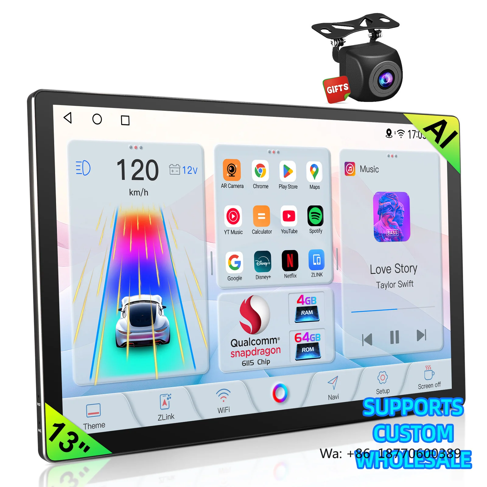 New Arrival 64GB 13 Inch Octa-core Android 14 Touch Screen QLED Auto CarPlay Mirror Link Car Stereo Radio DVD Player