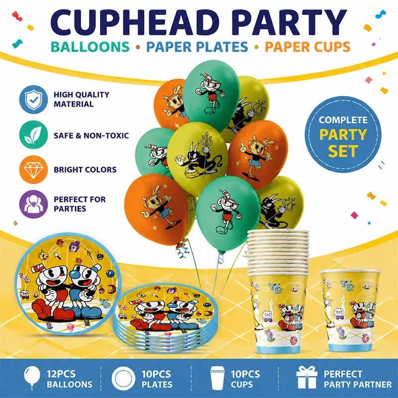 Thème de fête d'anniversaire Cuphead, vaisselle jetable de type jeu de dessin animé, plateau en papier, gobelets, ballons en latex, décoration, petit cadeau