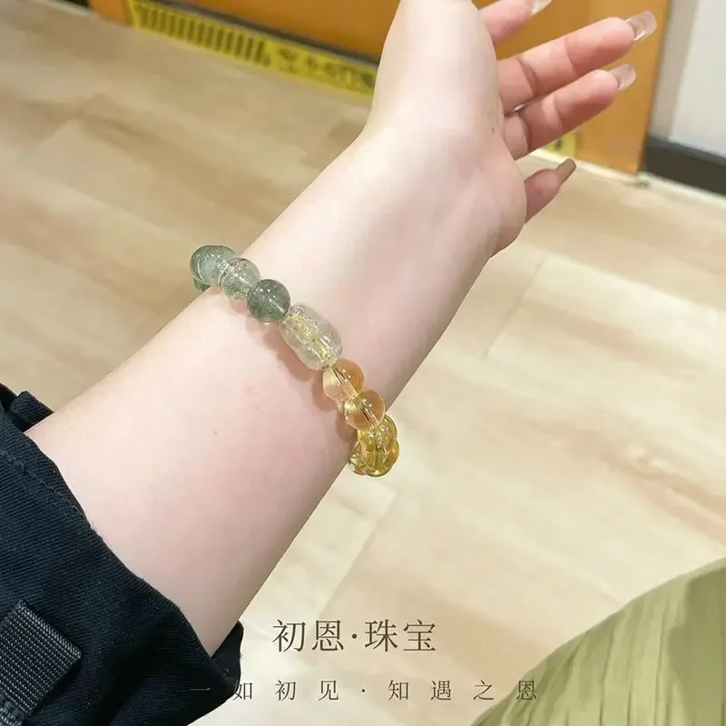 

Natural Citrine Bracelet Women's Golden Hair Crystal Pixiu Lucky Bring Wealth Jewelry for Men's Business Green Ghost HandString