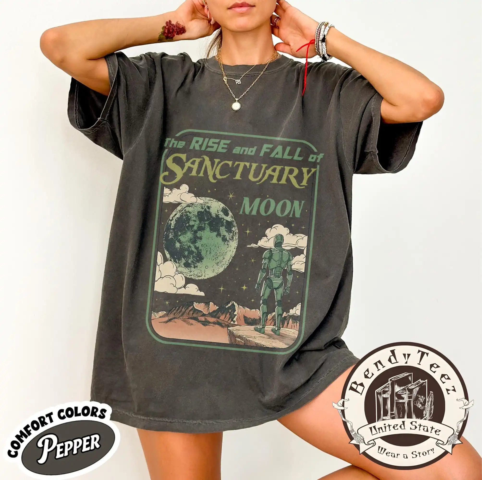 Murderbot Diaries Sanctuary Moon T-Shirt, Retro Sci-Fi Graphic Tee, Inspired By The Rise and Fall for Readers Tshirt