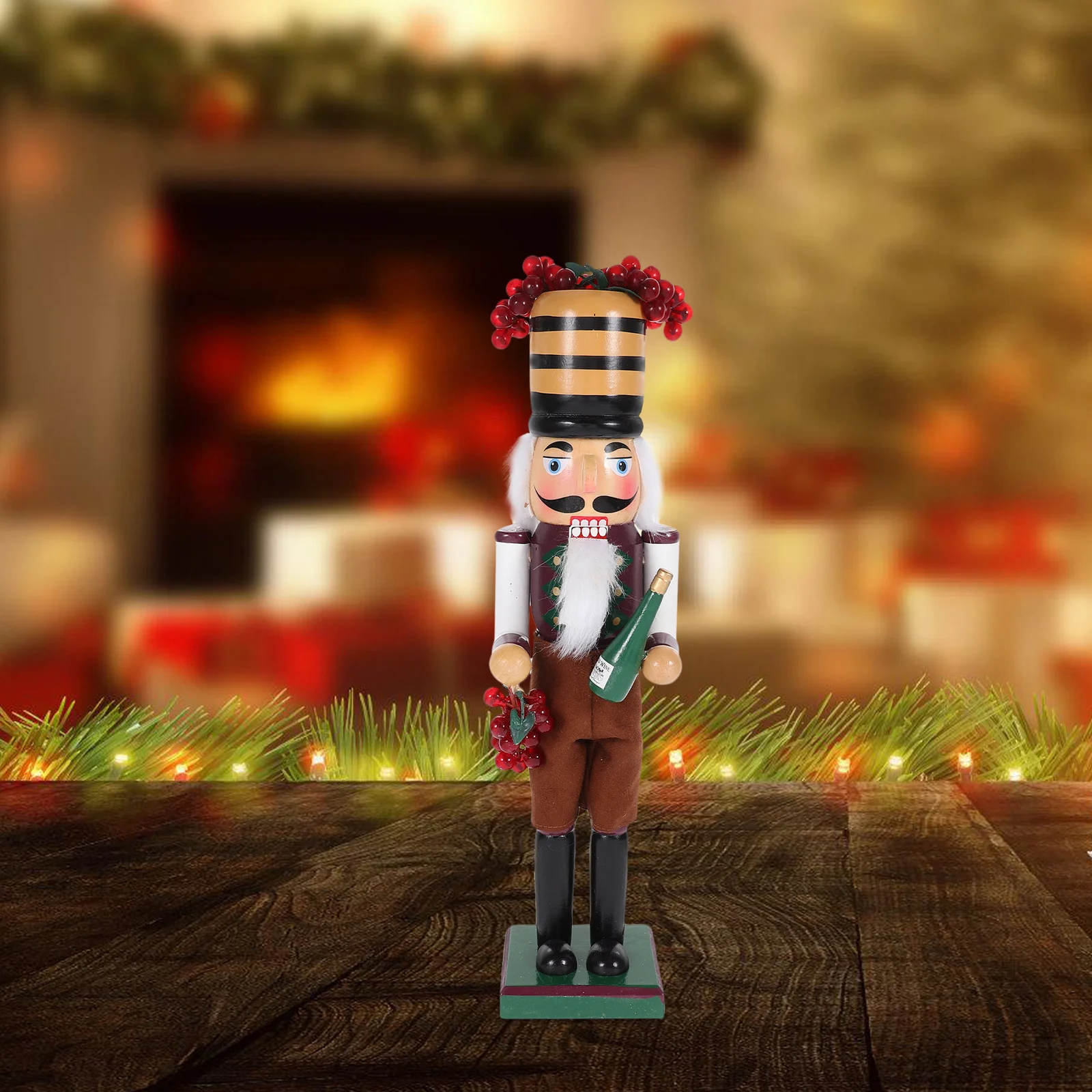 

Christmas Wooden Nutcracker Statue Holding Wine Bottle Festive Home Decoration for Living Room Bedroom Tabletop Charm