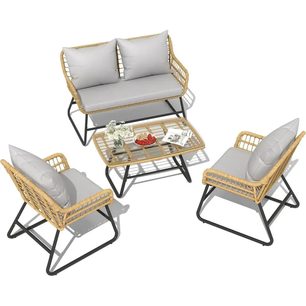 

4 Piece Patio urniture Set, Outdoor Wicker urniture Set with Removable Cushion, Rattan Patio Loveseat Set or Garden, Backyard, a